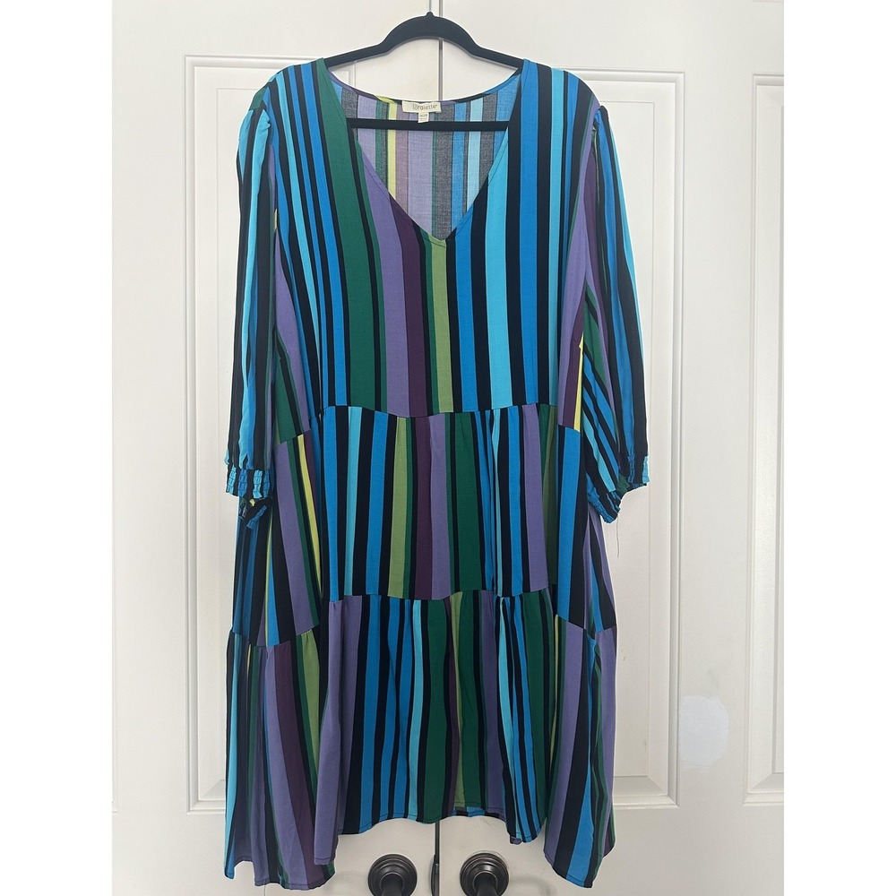 Loralette Tunic Womens 26/28 Multicolor Stripe Tiered V Neck‎ Babydoll Boho Top
